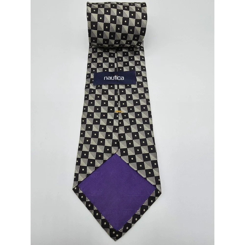 Vintage Nautica Men's Black Tan Gray Silk Geometric Tie Necktie 57